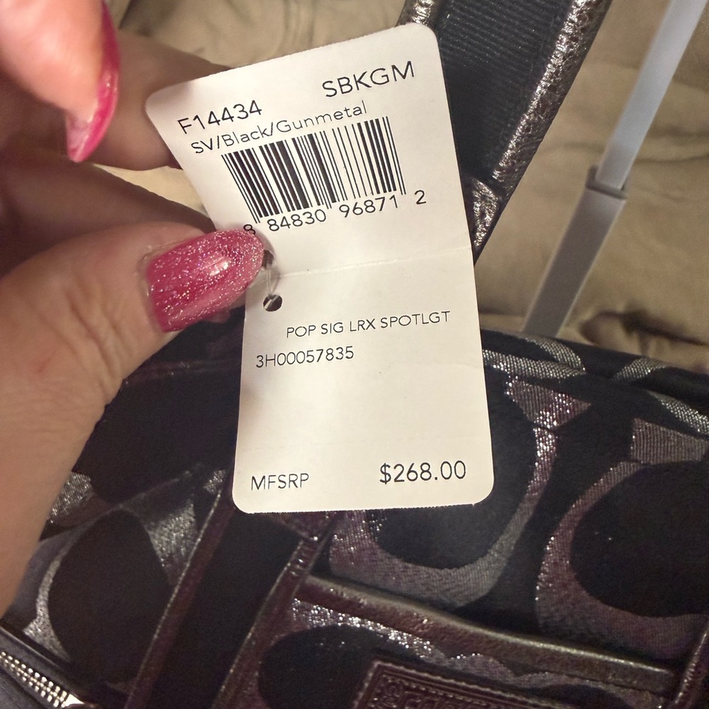 Coach Poppy Black & Silver Metallic Leather & Lurex Tote F14434 NWT - Picture 4 of 6